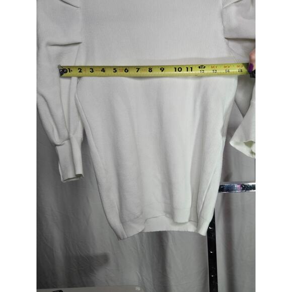 Puff Sleeve Gold Detail White Low Cut Contemporary Cozy Casual Sweater Top | S - Picture 8 of 9